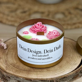 Verzierte Kerze mit Wunschtext: Dose in Gold, Ø 8,0 cm