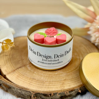Verzierte Kerze mit Wunschtext: Dose in Gold, Ø 6,5 cm