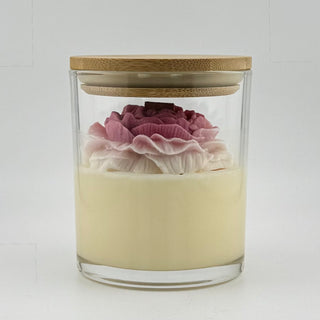 Duftkerze „Rose Rosa“ im transparenten Glas, 14 oz, mit Bambusdeckel