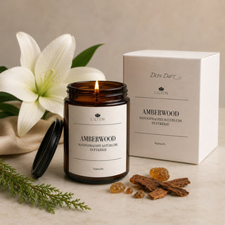Duftkerze mit Duftnote Amberwood im Tiegel