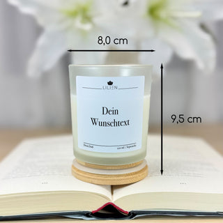 Duftkerze mit Wunschtext im gefrosteten Glas