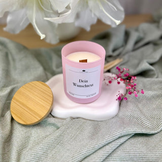 Duftkerze mit Wunschtext im rosa Glas