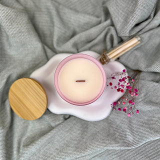 Duftkerze mit Wunschtext im rosa Glas