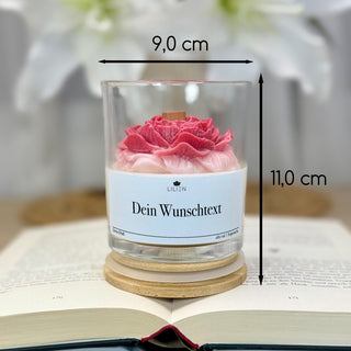 Duftkerze mit Wunschtext und rosa Rose im Glas