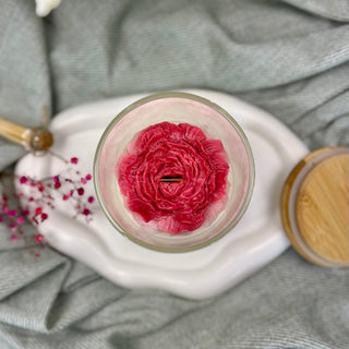 Duftkerze mit Wunschtext und rosa Rose im Glas
