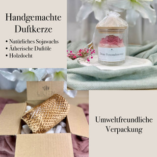 Duftkerze mit Wunschtext und rosa Rose im Glas