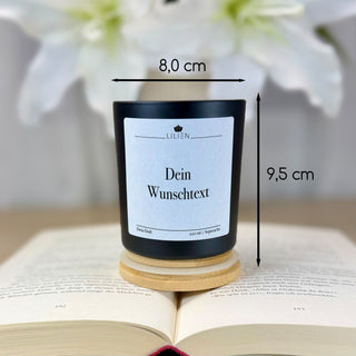 Duftkerze mit Wunschtext im schwarzen Glas