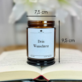 Duftkerze mit Wunschtext im Braunglas-Tiegel