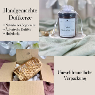 Duftkerze mit Wunschtext im Braunglas-Tiegel