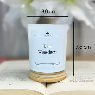 Duftkerze mit Wunschtext in weißem Glas
